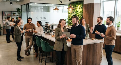 People talking around a coffee area in a bright workspace