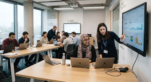 A group learning together around a table in a training room