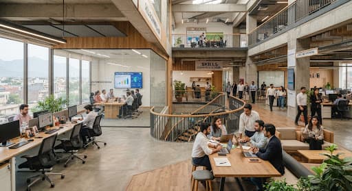 A multi-level co-working space with people working at desks and meeting tables