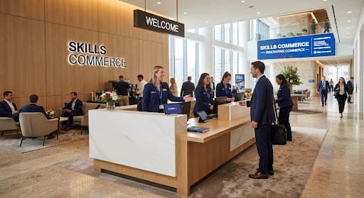 A reception desk in a bright, modern lobby