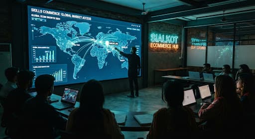 A training room with a large presentation screen