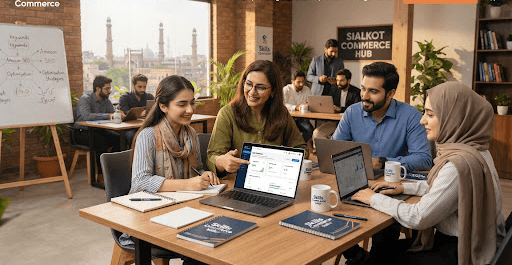Students and a teacher working together at a table in a training space