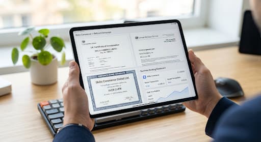 A tablet showing company documents on a desk