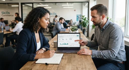 Two colleagues reviewing advertising results on a laptop