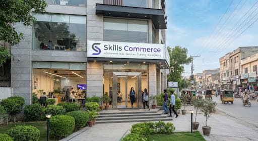 The entrance of a modern commercial building