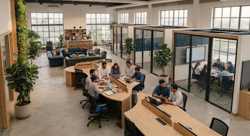 People working together at desks in a bright workspace